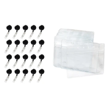 

50pcs Plastic Horizontal Name Tag Badge Id Card Holders & 20Pcs Id Card Name Tag Holders Retractable Reel with Belt Clip