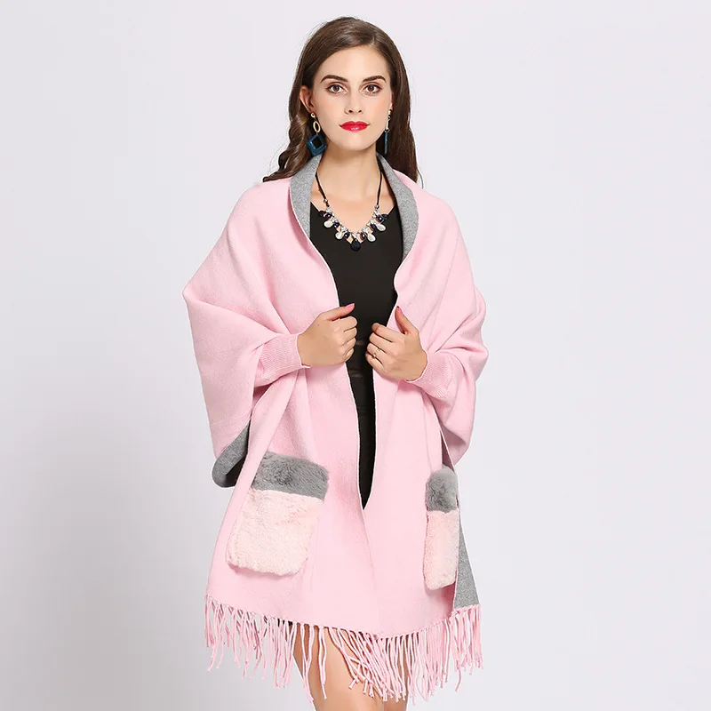 Модная Меховая двухсторонняя кашемировая шаль-шарф, длинный рукав летучая мышь, трикотажный кардиган, накидка для женщин, Осень-зима, Пашмина - Цвет: pink grey