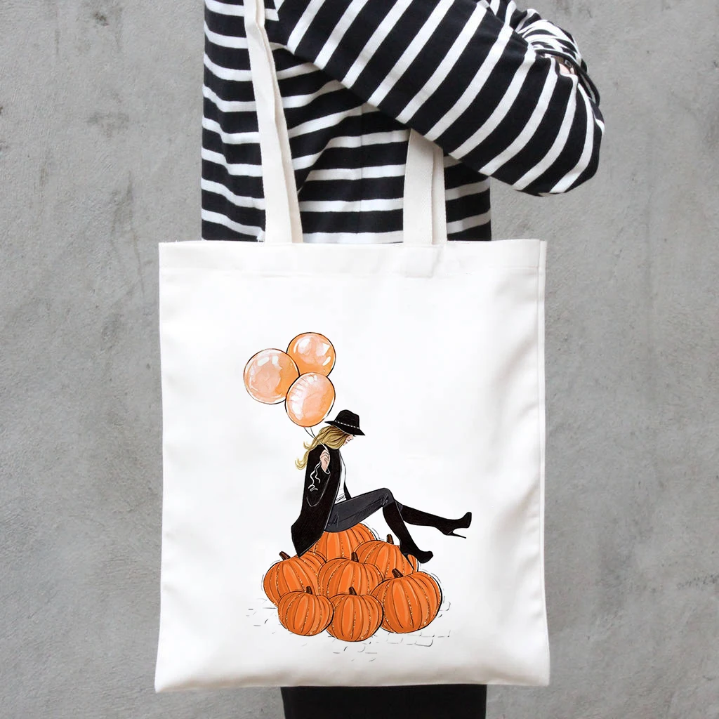 Halloween Riutilizzabile Shopping Bag Più Tempo Meraviglioso Of The Year Autunno Zucca Grande Capacità Di Tote Della Tela Di Canapa Del Sacchetto Tess