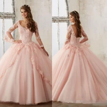 Бледно-розовый синий Бальные платья кружевное платье с v-образной горловиной и длинными рукавами платья для бала-маскарада Сладкие 16 принцесса Праздничное платье для девочек