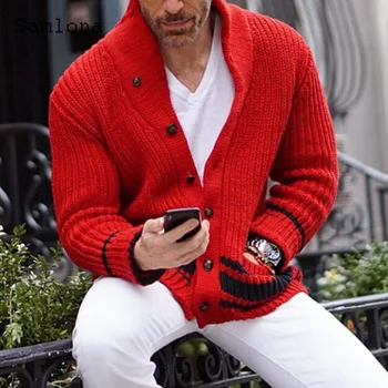 Plus Size Men Knitted Sweaters Winter Warm Coats Mens Streetwear 2021 Single Breasted Top Cardigan Red Striped Sweater Homme 3xl 1