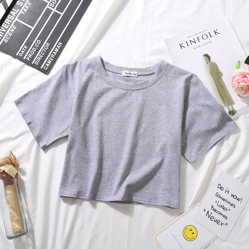 2020 Summer Short Sleeve T Shirts Women Cotton Solid T-shirt  O Neck High Waist Crop Top Tee Female Casual Loose  T Shirt