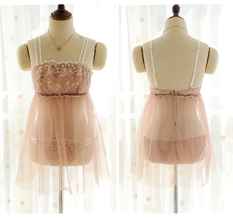Womens Clothing Sexy Thin Short Strapless Lace Sling Perspective Light Brown Mesh Nightdress Set Sleepwear Set Lingerie Dress