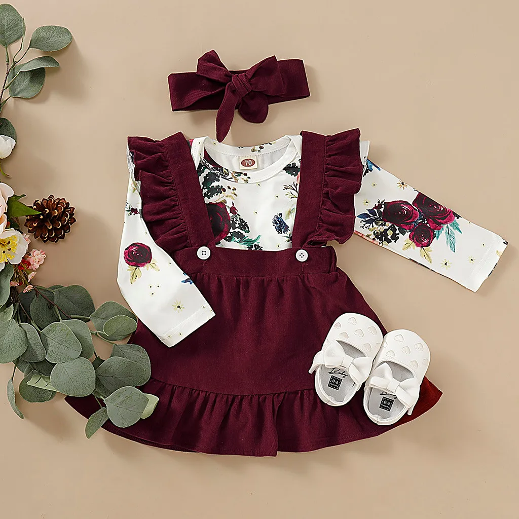Комплект из 3 предметов, одежда для маленьких девочек модный комбинезон с длинными рукавами и цветочным рисунком для маленьких девочек, боди+ юбка на подтяжках, Одежда для новорожденных