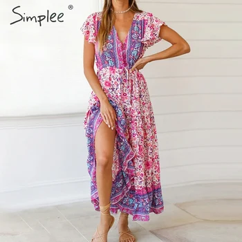 

Simplee Floral print boho dress Women ruffled sleeve v neck high waist summer dress Ladies buttons strap slim fit bodycon dress