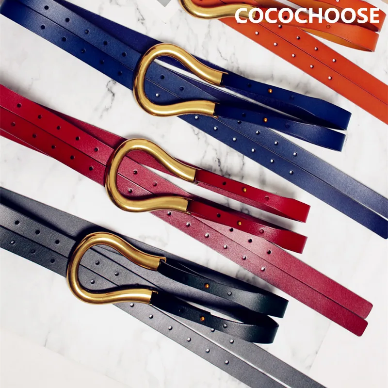 Tanie Kobiety luksusowe skórzane pasy od projektanta wysokiej jakościowy duży metalowy klamra runway marka moda podwójny pas biodrowy czarny czerwony brązowy