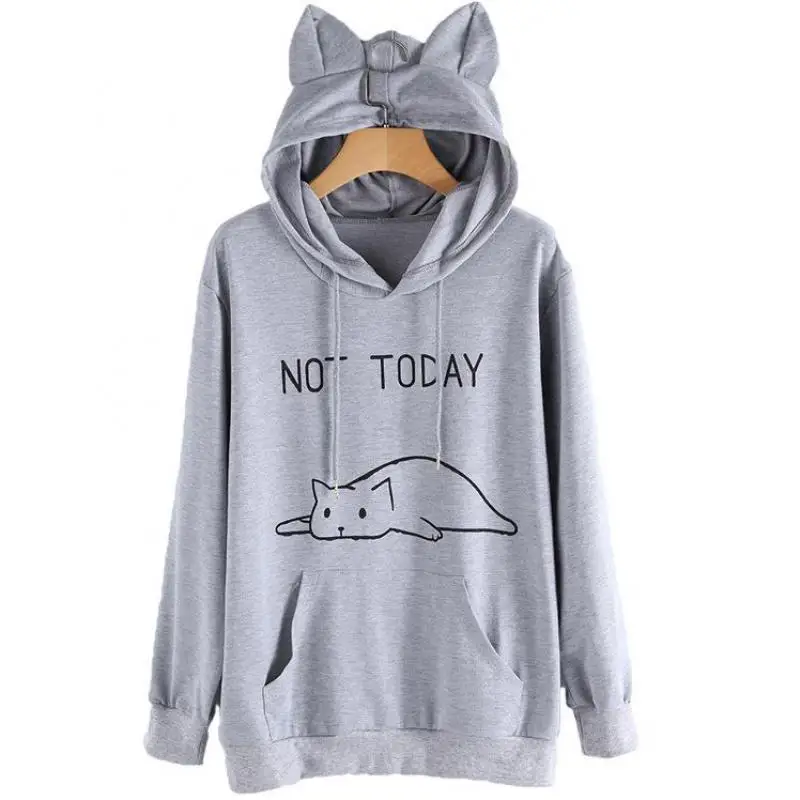 Zuolunouba осенние толстовки свободные женские толстовки Not Today мультфильм Кот буквы печати слоган Harajuku Kawaii розовая толстовка с капюшоном