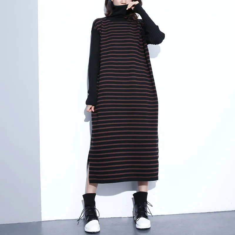 

Johnature 2019 Winter New Turtleneck Knitting Warm Women Sweater Dresses Patchwork Striped Loose Casual Simple Women Dress