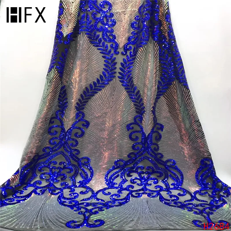 

HFX royal blue African Lace Fabric With Sequins French Lace Fabric 2019 High Quality Sequins Lace For Nigerian Women dress H2684