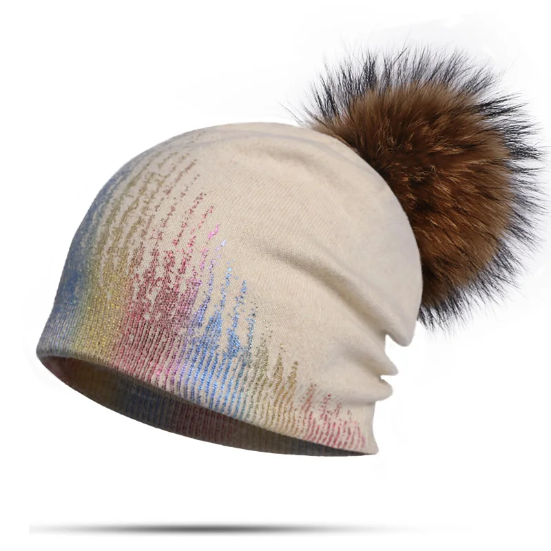 Зимняя женская Шапка-бини, шапка-черепица шерсть, теплая шапка с помпоном из натурального меха, пушистые шапки, шапка-помпон, вязаная шапка для девочек - Цвет: S