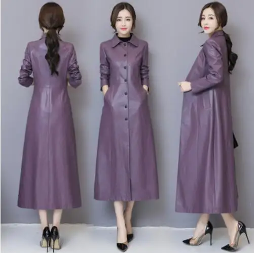 Lavender purple Новинка; сезон весна-осень; длинные кожаные пальто для женщин; тонкая женская ветровка из овчины; большие размеры; искусственная кожа; моторизированное пальто для женщин - Цвет: Lavender purple