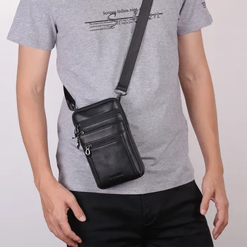 

JI WANG Genuine Leather Male Waist Bags Soft Sling Bags Cell Phone Mobile Bags Belt BagsVintage Chest Shoulder Crossbody Bag New