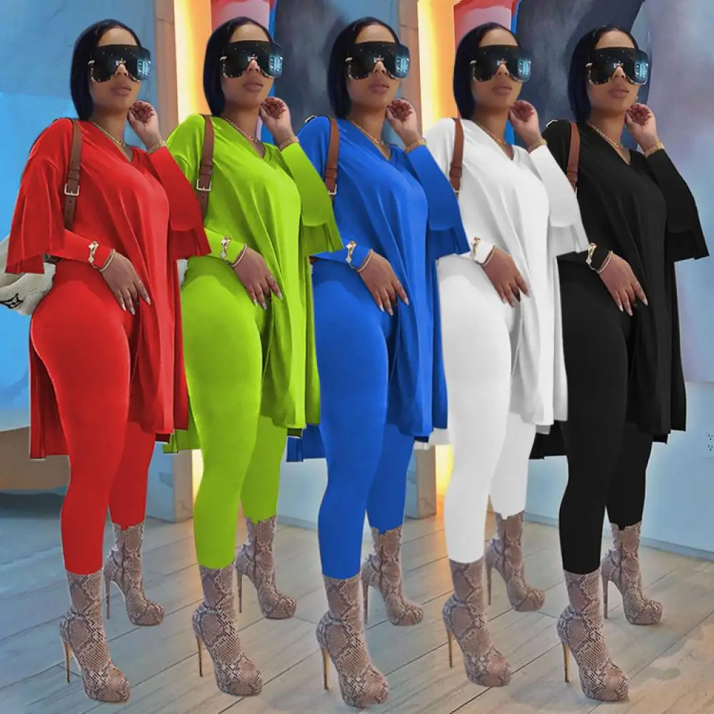 Tracksuit Women 2021 Fall Clothes Solid Color Slit Long Sleeve Two Piece Suit Pantsuits 2 Piece Ladies Set Club Clothing Jogging 2 piece orange women suit business pantsuits office formal uniform ladies work wear blazer outfit pantsuit custom made