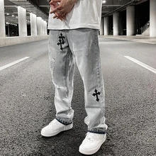 Ripped Retro Hole Cross Embroidery Casual Denim Trousers Mens High Street Washed Straight Oversize Jeans Pants