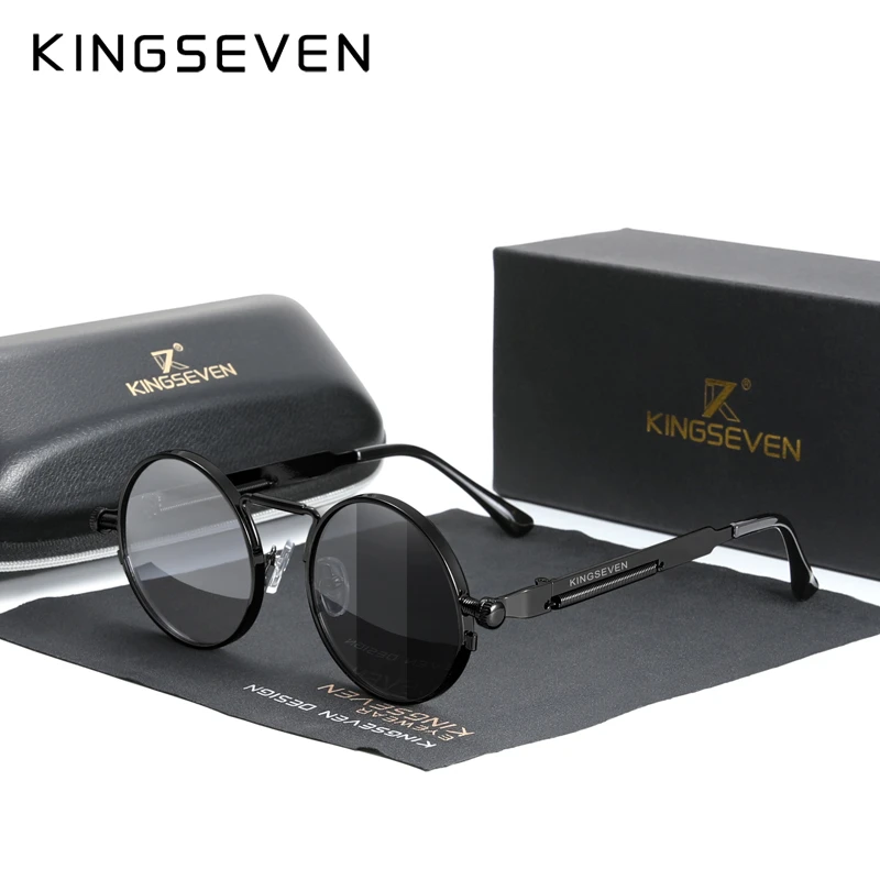 KINGSEVEN High Quality Gothic Steampunk Sunglasses Polarized Men Women Brand Designer Vintage Round Metal Frame Sun Glasses big cat eye sunglasses