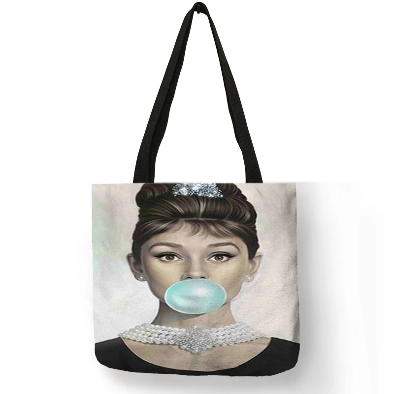 Unique Customize Tote for Women Eco Linen Shopper Bag with Audrey Hepburn Print Reusable Shopping Bags Ladies Fashion Handbag 