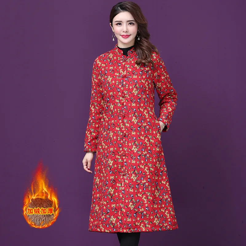 

Winter New Style Ethnic-Style WOMEN'S Dress Large Size Mid-length Cotton Linen Brushed And Thick Printed Warm Cotton Coat Trench