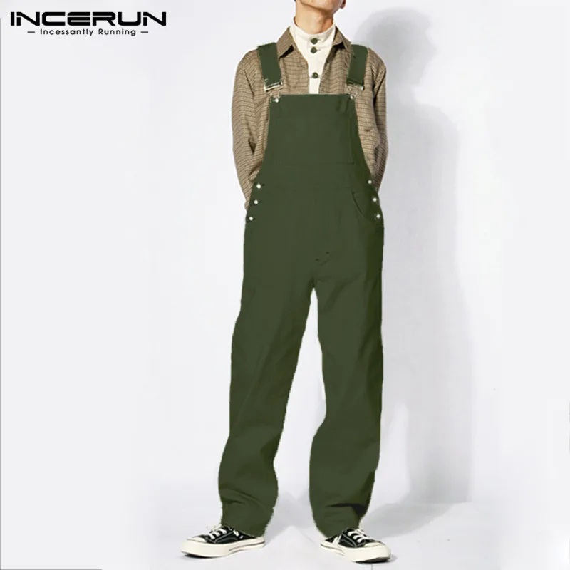INCERUN, модный мужской комбинезон, уличные комбинезоны, одноцветные мешковатые с карманами для бега, прямые штаны на подтяжках, мужские комбинезоны размера плюс
