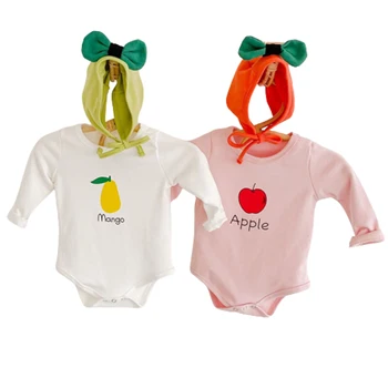 

2020 Autumn New Girls Baby Bodysuits Newborn Boys Clothes Long Sleeve Infant Cute Fruit Print Baby Bodysuit +Hat Twins Clothing