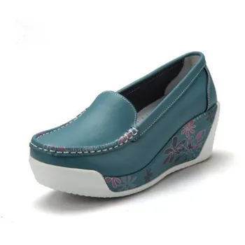 

Women Genuine Leather Shoes Spring Hight Increasing Moccasins Ballet Loafers Female Thick Sole Shoes Woman Wegdes Flowers Shoes