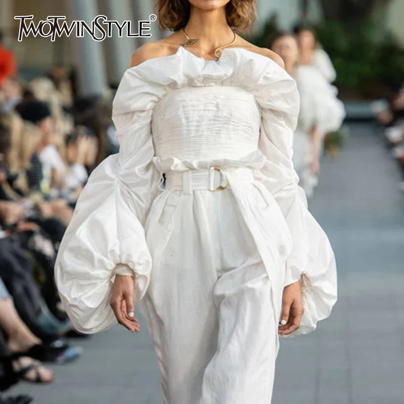 TWOTWINSTYLE Ruched Ruffles Blouses Womens Slash Neck Lantern Long Sleeve Slim Short Shirts For Female Fashion Clothes 2020 Tide TWOTWINSTYLE Ruched Ruffles Blouses Womens Slash Neck Lantern Long Sleeve Slim Short Shirts For Female Fashion Clothes 2020 Tide