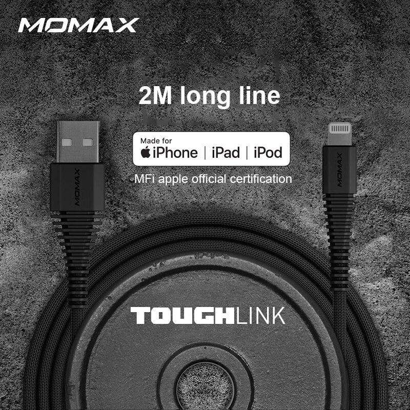 

MOMAX DL18 ios phone cable (lightning 8 pin-2m) 2.4A quick charge Reinforce the joint Extended 2 meters True MFi certification