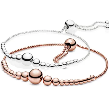 

New 925 Sterling Silver Bracelet Rose & Silver String Of Beads Sliding Adjust Bracelet Bangle Fit Bead Charm Diy Europe Jewelry