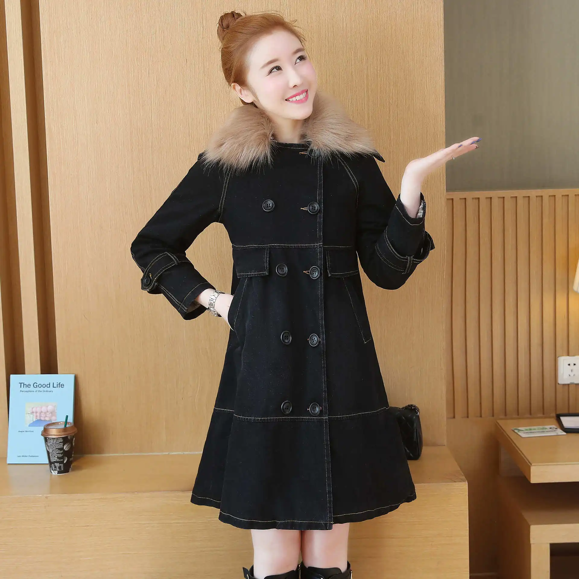 

2019 Autumn And Winter WOMEN'S Dress New Style Mid-length Loose Thick Warm Large Fur Collar Cowboy Cotton Coat Fashion