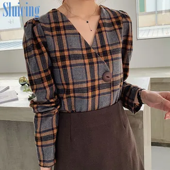 

Retro Hong Kong Style Plaid Shirt women's top spring 2020 new loose foreign style shirt looks thin and versatile long sleeve top