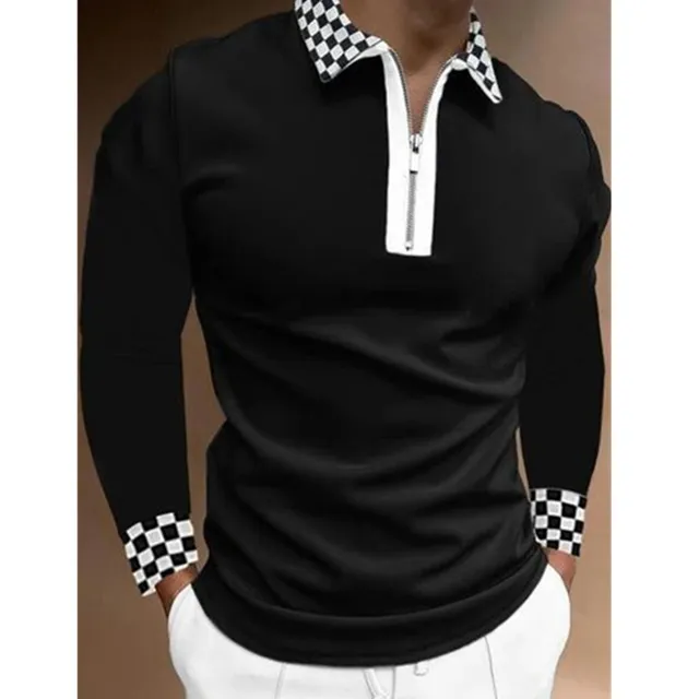 2021 Autumn Streetwear Men Fashion Long Sleeve Polo Shirts Casual Loose Turn-down Collar Zipper Tops Men Slim Polo Shirts CXPLS-3Black