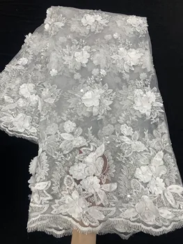 

African lace fabric pure white Ghana country style 3d flower handmade beaded embroidery lace French tulle fabric luxury style