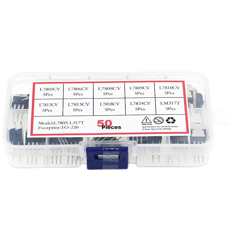 50Pcs 10value LM317T L7805-L7824 Transistor Assortment Kit Voltage Regulator Box bjt transistor mosfet transistor transistors kit voltage regulator ic ic chipset