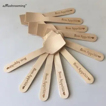 

120pcs Bon Appetit Engraved Wooden Mini Spoons Custom Wedding Birthday Appetizer Parfait Ice Cream Spoons Vintage Taster Spoons