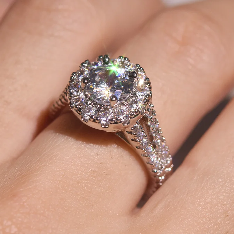 Ceny Flash inkrustowane 100% 925 srebrny pierścionek z prawdziwym diamentem dla kobiet okrągły Anillos Bizuteria zaangażowanie Topaz kamień S925 biżuteria pierścionki