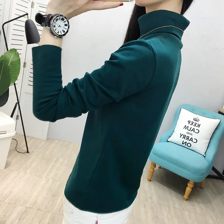 YUANYU Тонкая Повседневная Однотонная футболка в Корейском стиле с длинными рукавами, водолазка, Женские базовые трикотажные футболки