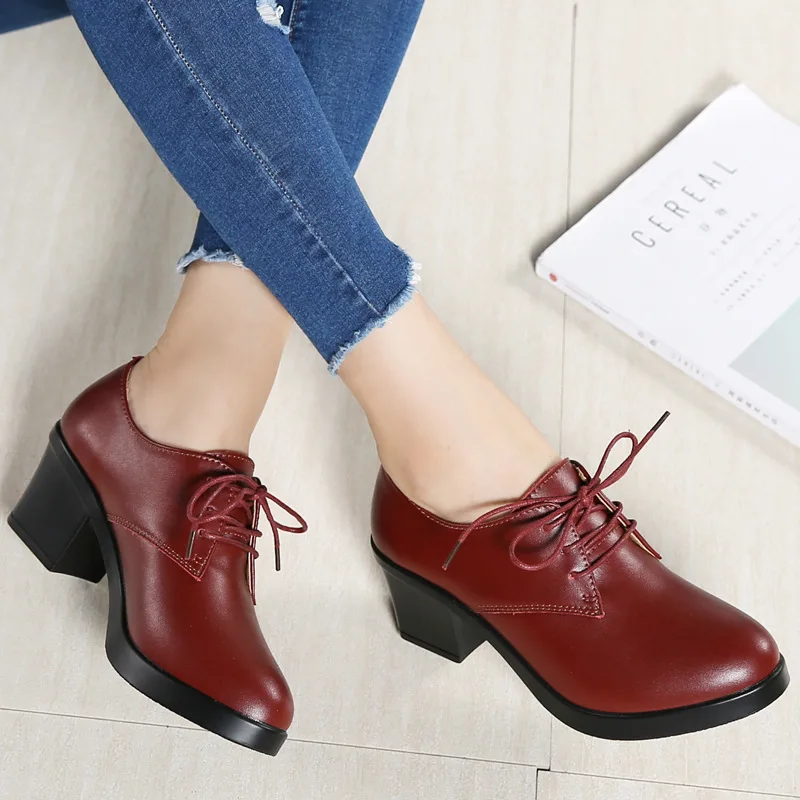 

2018 Spring New Style Leather Shoes WOMEN'S Leather Shoes Chunky-Heel Lace-up WOMEN'S Shoes Lace-up Business Work Shoe
