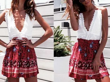 

Women Boho Floral Print Skirt Lady Casual Beach Party Short Mini Dress Summer Fashion Floral Print Lace-Up Vintage Pleated Skirt