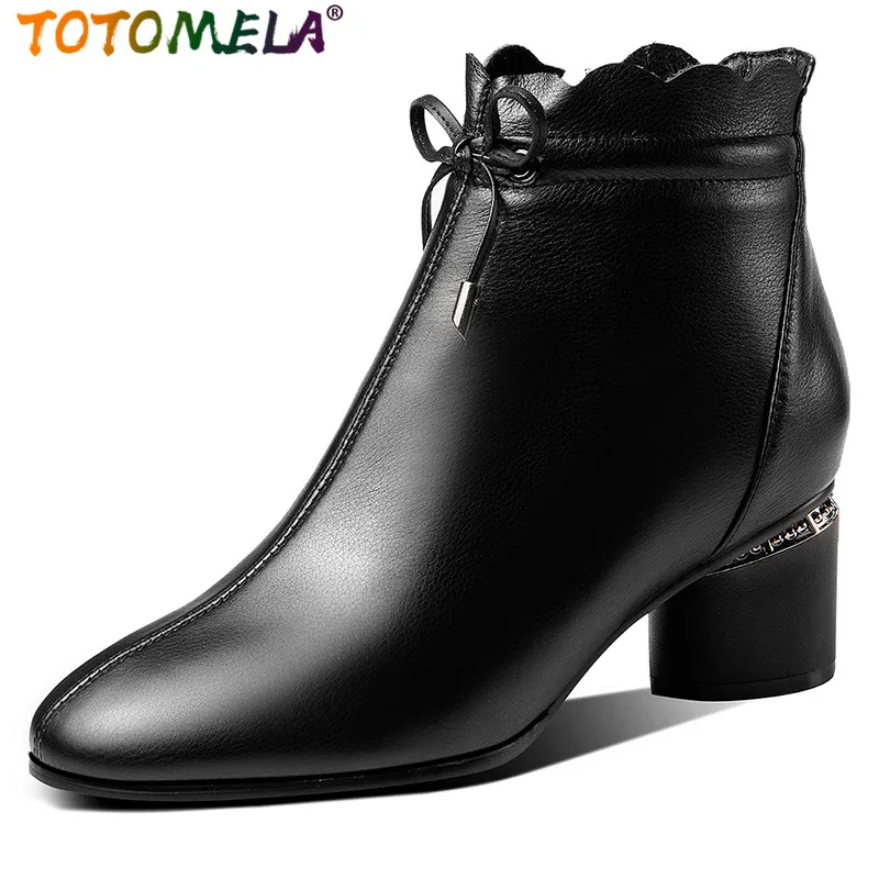 

TOTOMELA Plus size 34-42 New genuine leather boots round toe square high heels black ankle boots for women ladies shoes