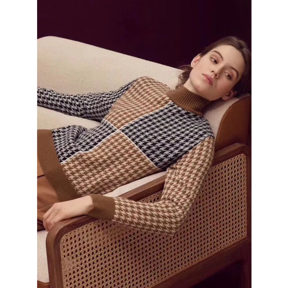 

High quality autumn winter women's Cashmere sweater pullover long-sleeved casual sweater plaid round neck knit sweater pullover