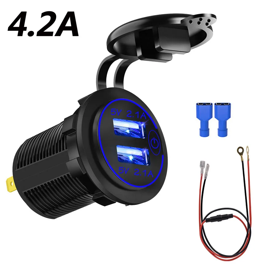 Blue 4.2A Charge Dual USB Car Charger with Wire and Terminal for Car Motorcycle Boat Modified 60 pcs male and female cold pressing terminals 623 e1 5 615b 1 5 for car motorcycle boat truck wire connection auto parts