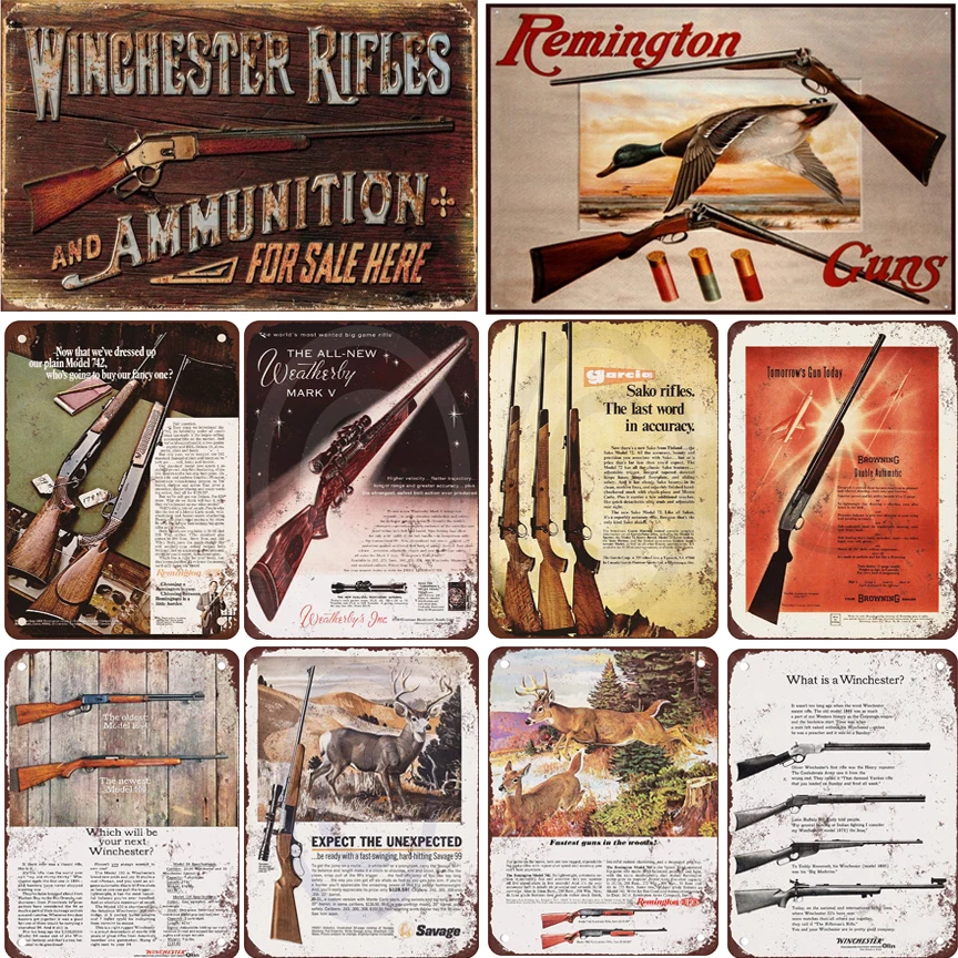 

Retro Hunting Rifle Metal Tin Sign Vintage Remington Guns Plate Painting Wall Decoration For Gun Store Home Cafe Bar