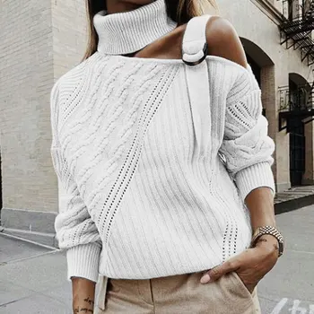

Patchwork Knitted Sweater Women Off Shoulder Turtleneck Warm Autumn Sweaters Pullover Winter Long Sleeve Stripe Rib Tops jumper