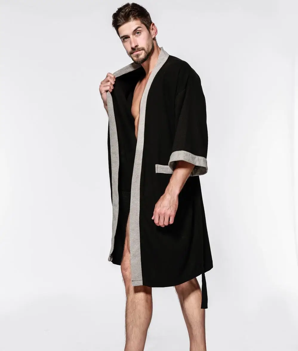 Cotton bathrobe Cotton Waffle Men Kimono Bathrobe Gown Sleepwear Couple Black Robe Nightwear Loose Casual Sauna Yukata Spring Summer Home Wear