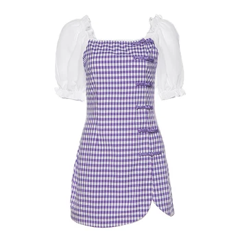

Fanco New Summer Purple Lattice Square Collar Short-Sleeved Stitching Vintage Disc Buckle Backless Slim Plaid Dress Female