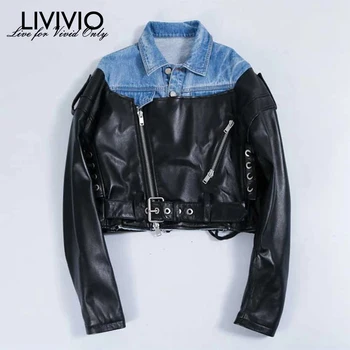 

[LIVIVIO] PU Leather Patchwork Denim Jackets with Belt Women Coat Long Sleeve Female Outerwear 2019 Autumn Fashion Streetwear