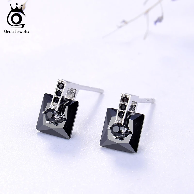 

ORSA JEWELS Real 925 Sterling Silver Slide Stud Earring Women Shiny AAAA CZ Square Cut White & Black Female Party Jewelry SE192