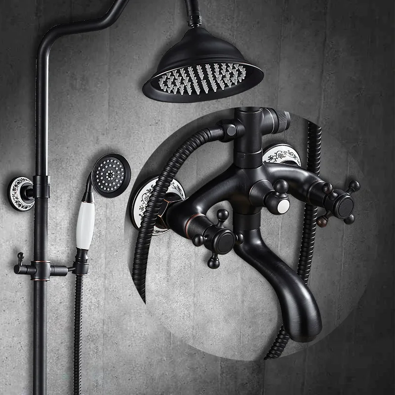 

American-Style Black And White with Pattern Vintage Shower Copper Hot And Cold Shower Head Set Supercharge Wall Mounted Shower L
