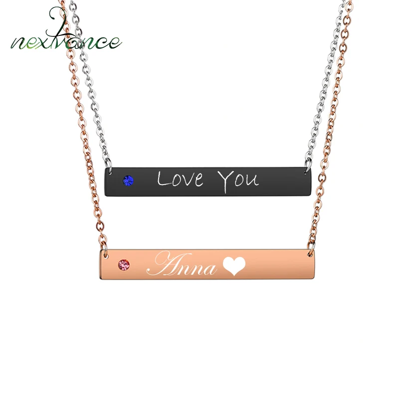 

Nextvance Stainless Steel Personalized Engraved Name ID Bar Necklace Crystal CZ Stone Custom Nameplate Necklace For Women Lover
