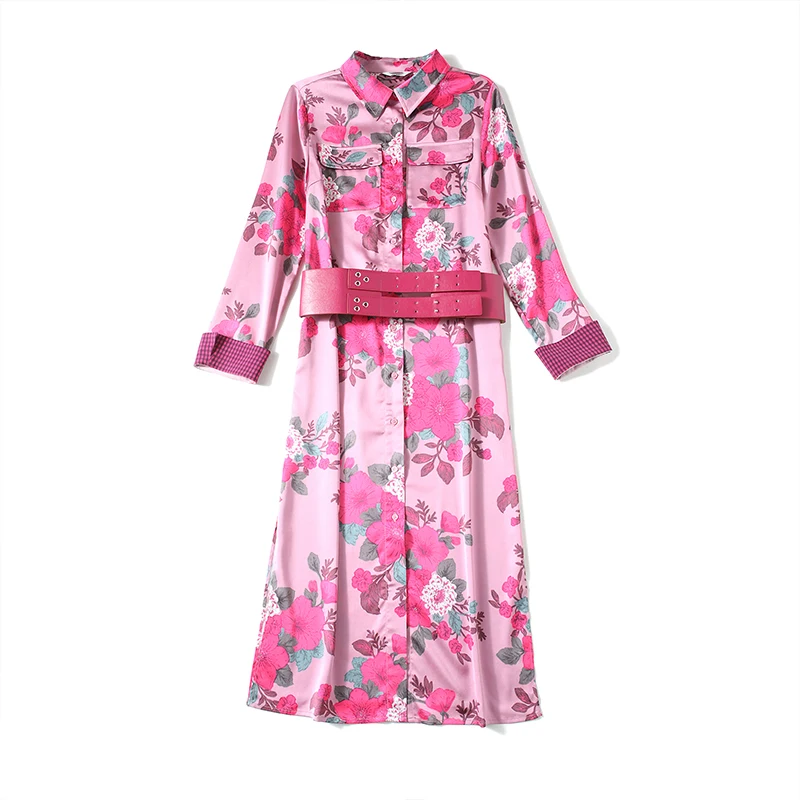 

Autumn Long Sleeve Purple Floral Shirt Dress Women Gothic Midi Party Ladies Dress Violet Send with Belt Vestidos De Festa K8836