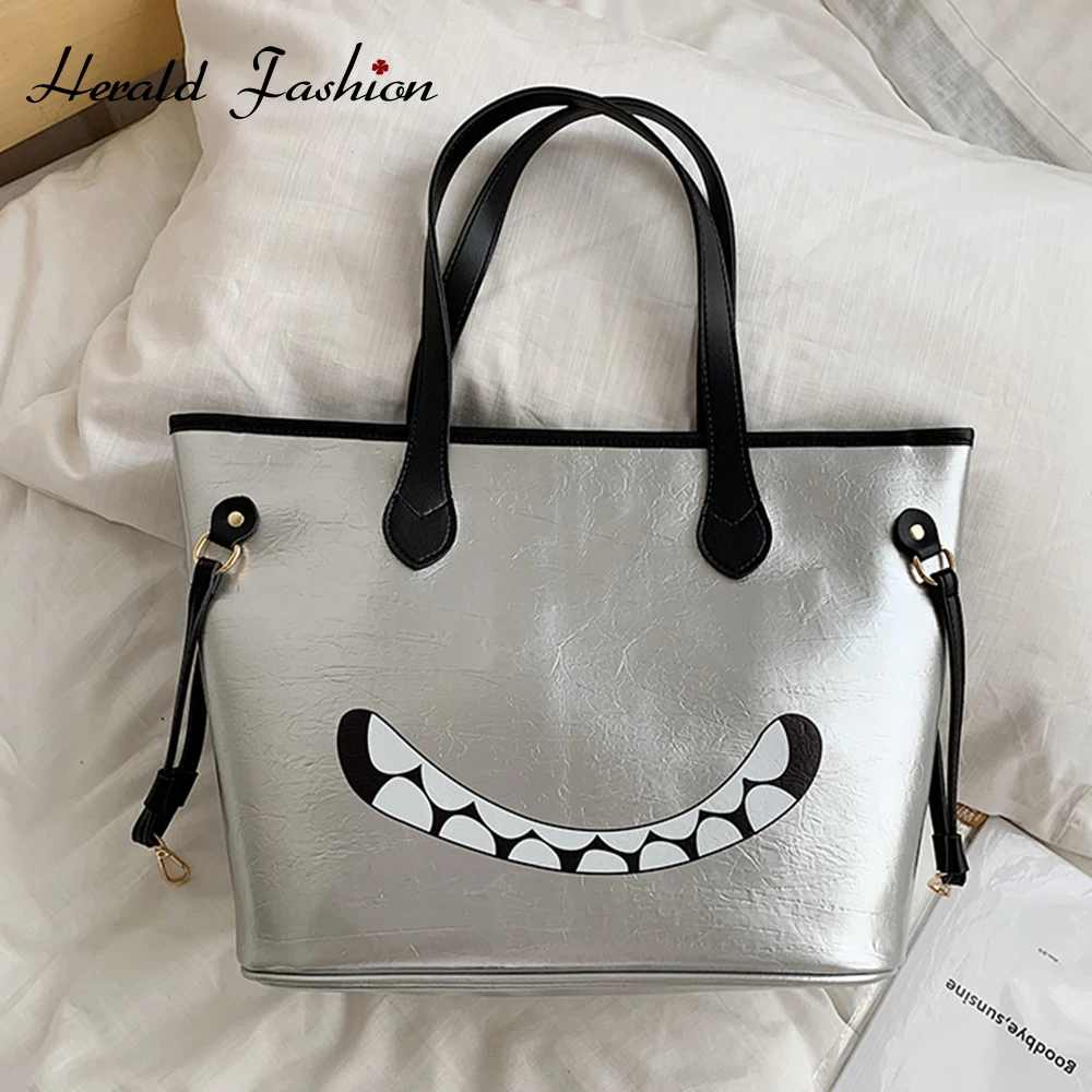 

Herald Fashion Patent Leather Shoulder Bags Smile Print Casual Quality Handbags Female Daily Big Bag Cute Tote Hand Bags Brand